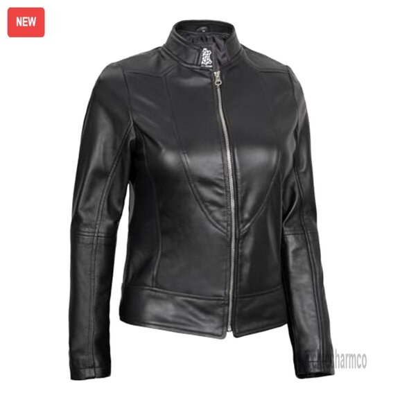 Lambskin Leather Jacket Women's Cafe Racer Style Tailored Fit - Picture 4 of 6